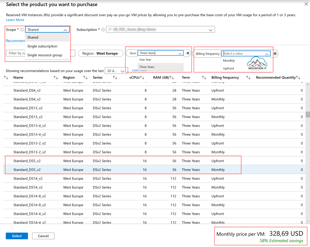purchasing an Azure reservation vm selection options