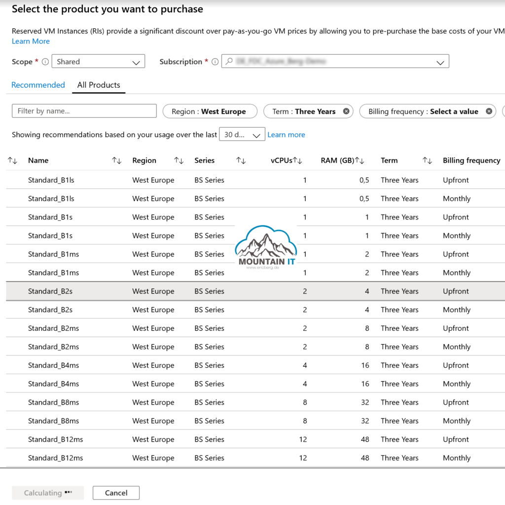azure reservations purchasing selection